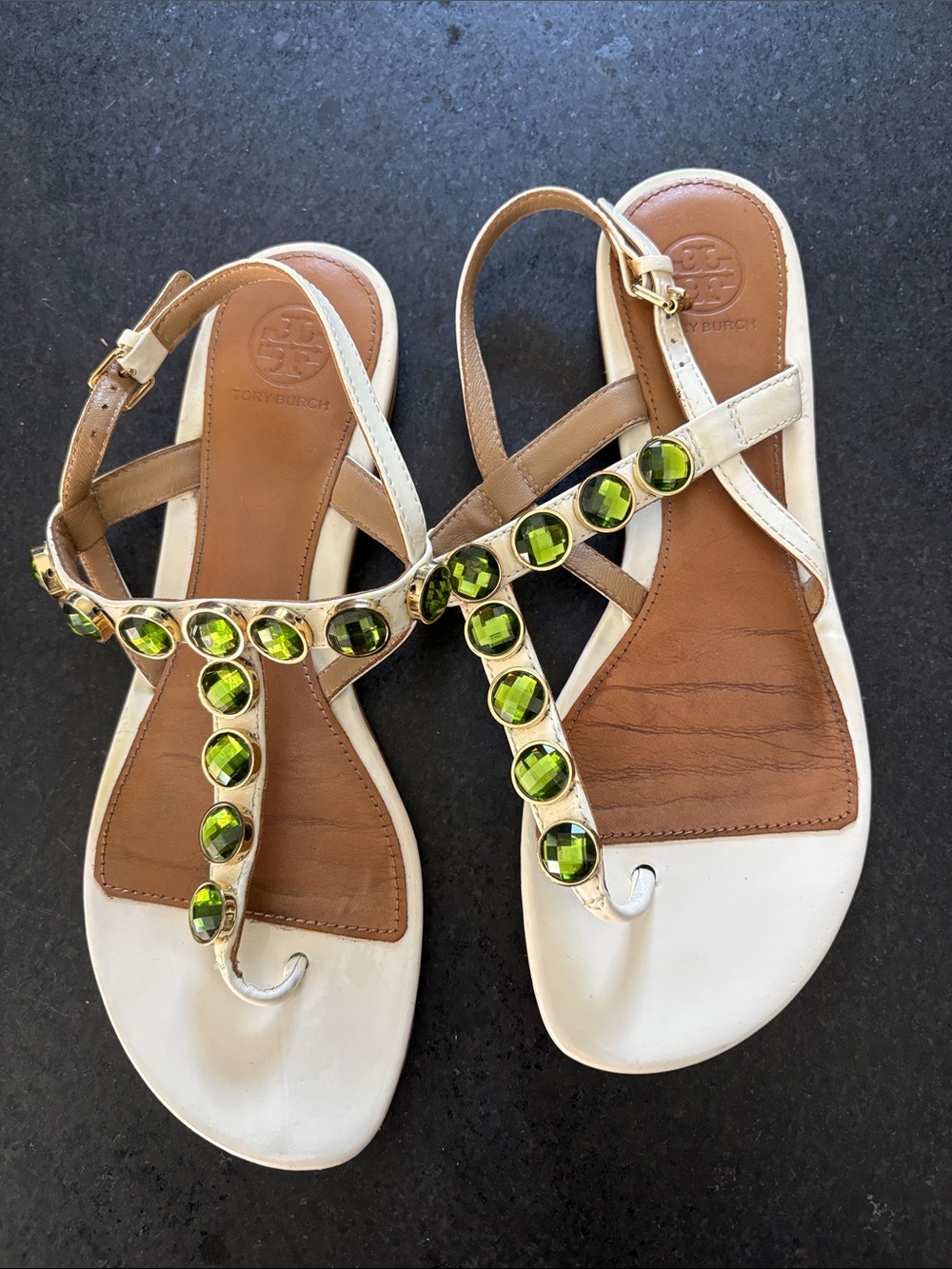 Tory Burch Mariah White Emerald Jeweled T-Strap Sandals